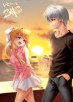  1boy 1girl :d absurdres air_(visual_novel) arms_behind_back backlighting bare_shoulders black_pants blonde_hair blue_eyes blurry blurry_background blush breasts casual cloud collared_shirt commentary_request commission cowboy_shot floating_hair grey_hair hair_between_eyes hair_intakes hair_ribbon half-closed_eyes happy head_tilt highres kamio_misuzu kunisaki_yukito large_breasts lens_flare long_hair miniskirt ocean open_mouth outdoors pants parted_lips pink_shirt plaid_clothes plaid_shirt pleated_skirt ponytail profile ribbon second-party_source shirt short_hair sidelocks single_hair_intake skeb_commission skirt sky sleeveless sleeveless_shirt smile spiked_hair sun sunlight sunset tsurime very_long_hair white_ribbon white_skirt yellow_eyes yellow_sky zen_(kamuro) 