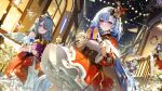  6+girls absurdres akizero1510 bare_shoulders blue_eyes box breasts building capelet chinese_commentary christmas_wreath closed_mouth clothing_cutout commentary_request door fur-trimmed_capelet fur-trimmed_skirt fur-trimmed_sleeves fur_trim gift gift_box gloves grey_hair grey_wings griseo griseo_(cosmic_expression) hair_between_eyes highres holding holding_gift homu_(honkai_impact) honkai_(series) honkai_impact_3rd long_hair long_sleeves medium_breasts multiple_girls night open_mouth outdoors puffy_short_sleeves puffy_sleeves purple_eyes railing red_capelet red_eyes red_skirt second-party_source shirt short_sleeves shoulder_cutout skirt sky smile snow snowing snowman vita_(honkai_impact) vita_(young)_(honkai_impact) white_gloves white_shirt wide_sleeves window wings wreath 