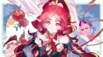  1girl absurdres animalization apple arknights bare_shoulders black_choker black_jacket blue_background border cherry chinese_commentary choker clenched_hands closed_mouth commentary_request food fruit hands_up highres horns infection_monitor_(arknights) jacket long_hair long_sleeves looking_at_viewer nymph_(arknights) octopus pink_eyes pink_hair pointy_ears smile solo upper_body white_border yimi-tea 
