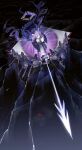  1girl arknights arknights:_endfield arrow_(projectile) black_dress bow_(weapon) breasts closed_mouth commentary crack curved_horns dark_background dress firing frilled_dress frills hair_ornament halo highres holding holding_bow_(weapon) holding_weapon huge_weapon large_breasts long_hair pink_eyes purple_hair purple_tail red_eyes sanyue_xun solo triangle_hair_ornament twintails two-tone_dress typhoeus_(arknights) typhon_(arknights) very_long_hair weapon white_dress white_halo 