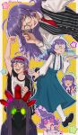  1boy absurdres ahoge aurora_(cynicalruins) black_jacket black_shoes black_vest blue_skirt blunt_bangs border cake cake_slice coke-bottle_glasses collarbone collared_shirt commentary crossdressing crossdressing_(mtf) english_commentary food frilled_shirt frills glasses green_eyes gym_shirt highres holding holding_plate jack_jeanne jacket jacket_on_shoulders long_hair long_sleeves low_ponytail male_focus mary_janes multiple_views necktie neji_kokuto open_mouth pantyhose paper_stack plague_doctor_mask plate polka_dot polka_dot_background ponytail puffy_long_sleeves puffy_sleeves purple_hair raised_fist red_necktie shirt shoes skirt sleepless_king_(jack_jeanne) star_(symbol) suspender_skirt suspenders track_jacket vest weekend_lesson_(jack_jeanne) white_border white_pantyhose white_shirt yellow_background 
