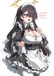  1girl absurdres alternate_costume apron black_bow black_bowtie black_dress blue_archive bow bowtie breasts brown_hair cleavage cleavage_cutout clothing_cutout commentary_request corset cowboy_shot cross cross_earrings dress earrings enmaided frilled_apron frilled_dress frills hair_over_one_eye halo highres hinata_(blue_archive) jewelry korean_commentary large_breasts long_hair maid maid_apron maid_headdress open_mouth red_eyes rirua_(kjom802) second-party_source short_dress shout_lines simple_background solo very_long_hair waist_apron white_apron white_background yellow_halo 