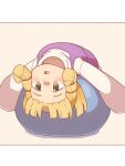  1girl :o ball blonde_hair blush commentary_request exercise_ball hair_ribbon hakugomaabura_(kourin1219) highres long_sleeves looking_afar lying lying_on_ball lying_upside-down missing_headwear moriya_suwako on_back on_ball open_mouth purple_vest ribbon shirt short_hair sidelocks solo touhou upside-down vest wide_sleeves yellow_eyes 