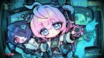  2girls aqua_jacket black_hair black_shirt chibi chinese_commentary commentary_request ghost_girl green_eyes hair_between_eyes hair_over_one_eye headphones highres holding_virtual_pet jacket kyou_039 linko_(nte) looking_at_viewer medium_hair multiple_girls navel neverness_to_everness open_clothes open_jacket pink_eyes pink_hair shirt sleeves_past_fingers sleeves_past_wrists tamagotchi_(virtual_pet) tied_shirt virtual_pet_(toy) xiaozhen_(nte) 