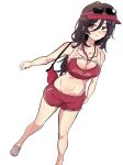  1girl bare_arms bare_shoulders bikini blush breasts brown_eyes brown_hair brown_shoes cleavage collarbone crocs dinoyhs eyewear_on_head groin han_yoil highres long_hair medium_breasts navel red_bikini red_shorts shoes shorts simple_background solo sunglasses swimsuit today's_han_yoil_is_a_woman visor_cap whistle whistle_around_neck white_background 