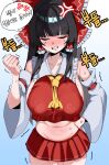  1girl absurdres alternate_breast_size_(larger) anger_vein angry ascot black_hair blue_background blush bow breasts clenched_teeth commentary_request covered_nipples cowboy_shot detached_sleeves embarrassed facing_viewer frilled_bow frilled_hair_tubes frills gradient_background hair_bow hair_tubes hakurei_reimu hand_on_own_hip highres kokonut_gag korean_commentary korean_text large_breasts long_hair midriff miniskirt navel no_bra pleated_skirt red_bow red_skirt revision ring_light_reflection sideboob skirt skirt_set solo sweat teeth touhou translation_request yellow_ascot 