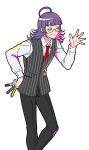  1boy ahoge between_fingers black_pants black_vest closed_mouth collared_shirt feet_out_of_frame glasses green_eyes half-closed_eyes hand_on_own_hip holding holding_marker jack_jeanne long_hair male_focus marker necktie neji_kokuto official_art open_hand pants purple_hair red_necktie semi-rimless_eyewear shirt simple_background smile solo standing transparent_background under-rim_eyewear vest white_shirt 