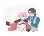  1boy 1girl ? assisted_coverage black_hair blue_shirt blue_vest blush breasts closed_eyes commentary_request cropped_torso dress hara_hikaru jack_jeanne jacket jacket_on_shoulders looking_at_another nose_blush oh_rama_havenna! red_jacket shirt short_hair simple_background sleeveless sleeveless_dress small_breasts spoken_question_mark tachibana_kisa vest white_background white_dress yellow_eyes yonaga_soshiro 