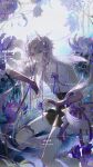  1boy absurdres backlighting barefoot black_choker black_shorts blue_ribbon bow braid bridal_gauntlets chinese_commentary choker closed_mouth commentary_request commission curtained_hair dragon_horns elbow_rest expressionless feet_out_of_frame flower flower_knot flower_on_leg flower_on_liquid hagoromo hair_flower hair_ornament hair_over_shoulder hair_ribbon high-waist_shorts highres horns leg_tattoo long_sidelocks looking_at_viewer male_focus nail_polish on_liquid original parted_bangs popped_collar purple_bridal_gauntlets purple_eyes purple_flower purple_nails ribbon shawl shirt shorts sidelocks single_braid skeletal_tail solo tail tassel tattoo tress_ribbon waist_bow water watermark white_flower white_horns white_shirt zhumojian 