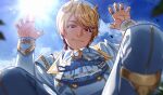  1010_mumumu 1boy ascot blonde_hair blue_sky blurry boots buttons character_request claw_pose cloud commentary_request depth_of_field double-breasted from_below gold_trim highres horns jewelry kakusei_hunter_omegahorn lens_flare looking_at_viewer looking_down male_focus pants red_eyes ring shirt short_hair sky smile solo tokusatsu white_ascot white_boots white_pants white_shirt yellow_horns 