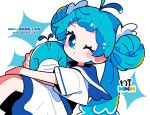  1girl antenna_hair blue_eyes blue_hair blue_sailor_collar blush_stickers closed_mouth commentary diamond-shaped_pupils diamond_(shape) double_bun feet_out_of_frame hair_bun long_hair looking_at_viewer nagino_nichiko one_eye_closed original sailor_collar school_uniform serafuku shirt short_sleeves simple_background skirt solo symbol-shaped_pupils twintails twitter_username untranslatable_commentary v-shaped_eyebrows watermark white_background white_shirt white_skirt 