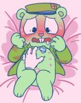 3_toes 4_fingers 5_fingers 6_nipples animal_genitalia animal_penis anthro bear bed bed_sheet bedding blush blush_lines bodily_fluids buckteeth clothing clothing_aside digital_media_(artwork) dog_tags dominant dominant_human drooling duo feet fingers flippy_(htf) fur furniture genitals green_body green_fur hand_on_chest happy_tree_friends hat headgear headwear heart_nose heart_symbol hi_res human human_on_anthro interspecies jacket jewelry looking_down lying lying_on_bed male male/male mammal military_cap military_uniform mondo_media multi_nipple necklace nipples on_back on_bed open_mouth paws penis pie_cut_eyes pink_background pink_nipples pink_penis questionable_consent saliva simple_background submissive submissive_anthro tapering_penis teeth toes topwear uniform worried worried_look zonkeyshow