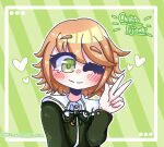  1boy amyaniii blush border brown_hair character_name closed_mouth collared_shirt commentary crossdressing crossdressing_(mtf) danganronpa:_trigger_happy_havoc danganronpa_(series) diagonal-striped_background english_commentary eyelashes fujisaki_chihiro green_background green_eyes green_ribbon green_shirt heart highres instagram_logo instagram_username male_focus neck_ribbon no_nose one_eye_closed outline ribbon shirt short_hair smile solo split_mouth striped_background trap upper_body w white_outline 