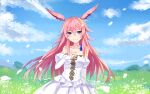  1girl absurdres animal_ears blue_sky breasts bride chinese_commentary choker closed_mouth cloud cloudy_sky commentary_request day detached_sleeves dress field flower flower_field fox_ears grass highres honkai_(series) honkai_impact_3rd huijiang_monster long_hair looking_at_viewer medium_breasts outdoors petals pink_hair purple_eyes sky smile solo white_choker white_dress white_sleeves yae_sakura 