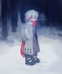  1girl black_boots boots coat dress full_body hair_between_eyes hands_in_pockets highres jacket kishin_sagume l_fzxxxx looking_at_viewer medium_hair no_mouth overcoat purple_dress red_eyes red_scarf scarf sidelocks single_wing snow solo speech_bubble touhou translation_request tree white_hair white_jacket white_wings wings winter winter_clothes winter_coat 