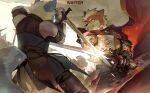  2boys absurdres animal_ears armor commentary fighting fox fox_boy fox_ears furry furry_male highres knight male_focus multiple_boys n16_furry original sword untranslatable_commentary weapon 