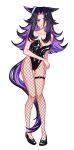  1girl absurdres animal_ears bare_shoulders black_hair black_leotard black_pantyhose black_shoes blush breasts cleavage closed_mouth collarbone colored_inner_hair covered_groin fenomeno_(umamusume) fishnet_pantyhose fishnets flipped_hair full_body hfcs_is_back highres horse_ears horse_girl horse_tail leotard long_hair looking_at_viewer medium_breasts multicolored_hair nontraditional_playboy_bunny pantyhose purple_eyes purple_hair shoes simple_background solo standing tail thigh_strap umamusume white_background 