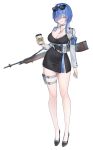  1girl absurdres arm_strap battle_rifle belt black_choker black_dress blue_eyes blue_hair bra bra_peek breasts choker cleavage commentary cropped_jacket cup dress earrings full_body goggles goggles_on_head gun hair_over_one_eye high_heels highres holding holding_cup holster hoop_earrings jewelry long_hair m14 minsumansa_x necklace original pencil_dress pendant rifle side_slit skindentation smile solo spaghetti_strap sunglasses thigh_holster thighs underwear utility_belt veins veiny_breasts weapon white_background 