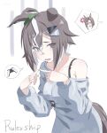  2girls air_groove_(umamusume) anger_vein angry animal_ears baggy_clothes blue_eyes blush bow breasts brown_hair character_name collarbone commentary_request controller dress ear_bow ear_chain fang game_controller grey_dress grey_streaks hair_between_eyes hair_ornament hair_over_one_eye highres hitempo horse_ears horse_girl horse_tail index_fingers_together linked_piercing long_sleeves medium_breasts multicolored_hair multiple_girls open_mouth piercing rulership_(casual)_(umamusume) rulership_(umamusume) short_hair single_bare_shoulder speech_bubble streaked_hair tail torn_clothes torn_dress umamusume umamusume_horse_relations yellow_bow 