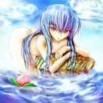  bent_over blue_hair food fruit hinanawi_tenshi kami_amane_kurohime long_hair nude peach red_eyes solo touhou 