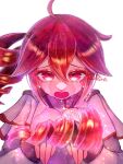  1girl ahoge artist_name bright_pupils commentary_request crying crying_with_eyes_open drill_hair grey_jacket highres holding holding_detached_hair jacket kasane_teto kasane_teto_(sv) mikuna397bear open_mouth red_hair red_trim shoulder_belt shoulder_boards simple_background solo synthesizer_v tears twin_drills utau white_background 