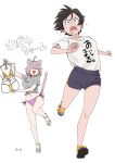  2girls absurdres ahoge animal_ears bikini black_hair blue_eyes cat_ears cat_tail commentary fang fleeing gold_bikini highres hololive multiple_girls naughty_face navel nekomata_okayu oozora_subaru purple_eyes purple_hair sandals shirt sickpoly7188 side-tie_bikini_bottom swimsuit tail tied_shirt untranslatable_commentary virtual_youtuber white_background 