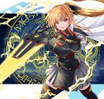  1girl arm_guards bardiche_(nanoha) black_gloves black_skirt black_thighhighs blonde_hair breasts buttons cape collared_cape commentary_request double-breasted electricity energy_sword fate_testarossa floating_cape floating_hair gloves glowing glowing_sword glowing_weapon greatsword hair_between_eyes half_updo highres holding holding_sword holding_weapon huge_weapon large_breasts long_hair long_sidelocks looking_at_viewer lyrical_nanoha magic magic_circle magic_circle_background mahou_shoujo_lyrical_nanoha mahou_shoujo_lyrical_nanoha_exceeds:_gun_blaze_vengeance mahou_shoujo_lyrical_nanoha_strikers multicolored_gloves open_hand outstretched_arm parted_lips pleated_skirt reaching reaching_towards_viewer red_eyes sidelocks skirt solo sougetsu_izuki standing sword thighhighs tsurime two-tone_gloves upper_body v-shaped_eyebrows weapon white_cape 