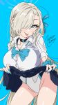  1girl absurdres aqua_background aqua_bow aqua_bowtie aqua_eyes aqua_halo aqua_nails aqua_ribbon aqua_scrunchie artist_name asuna_(blue_archive) asuna_(school_uniform)_(blue_archive) bare_legs black_skirt blue_archive blush bow bowtie breasts choker clothes_lift commentary_request hair_over_one_eye hair_ribbon halo highres large_breasts lifting_own_clothes looking_at_viewer ribbon school_uniform scrunchie shirt signature skirt skirt_lift solo swimsuit swimsuit_under_clothes tongue tongue_out watermark white_shirt wrist_scrunchie zetsuyo_chimayo 
