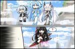  ... 4girls ? arm_behind_back black_hair black_jacket black_shirt blue_eyes blue_hair blue_sky boots breasts buling_(wuthering_waves) chisa_(wuthering_waves) commentary_request crossed_legs dangling day dragon_horns dress earrings eastern_dragon_horns fiery_horns food food_in_mouth forehead_tattoo hair_ribbon hair_rings highres horns jacket jewelry jinhsi_(wuthering_waves) korean_commentary large_breasts long_hair midair multiple_girls neckerchief open_mouth pocky pocky_in_mouth qingxiao_(wuthering_waves) red_eyes red_neckerchief red_ribbon ribbon shirt sitting sky solid_oval_eyes spoken_question_mark sword_fingers sword_surfing tattoo twintails white_boots white_dress white_hair windy_(jazz9207) wuthering_waves 
