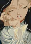  1girl blonde_hair closed_eyes commentary earrings english_commentary eyelashes frilled_sleeves frills gem highres jewelry mouth_hold nail_polish necklace original pearl pearl_earrings pearl_necklace pearl_ring ring shirt solo tsukii_(t_s_u_k_i_i) white_nails white_shirt 
