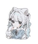  1girl :< animal_ear_fluff animal_ears black_ribbon blue_hair blue_sweater_vest blunt_bangs blush_stickers cat_ears cat_girl closed_mouth collared_shirt cropped_torso dot_nose gradient_hair grey_hair hair_intakes hand_up long_hair long_sleeves looking_at_viewer multicolored_hair na2ki_0 neck_ribbon original ribbon shirt simple_background sleeves_past_wrists solo sweater_vest two-tone_hair white_background white_shirt 