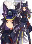  2girls animal_ears baton_(weapon) black_boots black_hair black_jacket black_pants blush boots breasts closed_mouth commentary_request ears_through_headwear fenomeno_(black_flames_of_the_righteous_spirit)_(umamusume) fenomeno_(umamusume) flipped_hair gloves gold_ship_(umamusume) grey_hair hat highres holding_baton horse_ears horse_girl horse_tail horseshoe_hat_ornament horseshoe_ornament jacket long_hair long_sleeves multicolored_hair multiple_girls open_mouth pants peaked_cap purple_eyes purple_hair purple_shirt school_uniform shirt sikgoisikst tail tracen_school_uniform umamusume weapon white_gloves 