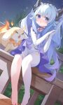  1girl :o absurdres animal blue_eyes blue_hair blush bodysuit commentary dog double-parted_bangs elbow_gloves feet full_body gloves hair_between_eyes hair_intakes highres horns long_hair night ningmeng_jing_jing_jing_jing open_mouth original outdoors own_hands_together palms_together single_bare_foot single_bare_leg single_leg_bodysuit sitting solo toes very_long_hair white_bodysuit white_gloves 