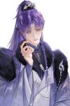  1boy absurdres braid chinese_commentary commentary_request fur-trimmed_hanfu hair_ornament high_ponytail highres hualushui long_hair long_sleeves love_and_deepspace male_focus parted_bangs ponytail purple_hair purple_hanfu rafayel_(love_and_deepspace) side_braid simple_background single_braid solo upper_body very_long_hair watermark weibo_watermark white_background wide_sleeves 
