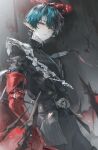  1boy absurdres arknights arknights:_endfield belt bishounen black_background black_belt black_jacket black_pants blood blood_halo blue_eyes blue_hair camille_(arknights) chinese_commentary closed_mouth commentary_request cowboy_shot earrings gloves halo highres honseie jacket jewelry liquid_halo looking_at_viewer low_wings male_focus multicolored_hair neck_tattoo pants parted_lips pointy_ears red_gloves red_halo short_hair solo spiked_halo streaked_hair tattoo wings 