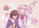  !? 1girl 1other akiyama_mizuki anger_vein arm_up blazer bow brown_hair buttons cardigan closed_eyes commentary diagonal-striped_bow freinanan heart highres jacket kamiyama_high_school_uniform_(project_sekai) lapels long_hair long_sleeves notched_lapels notice_lines open_clothes open_jacket open_mouth outline outstretched_arm pink_hair pocket project_sekai purple_cardigan school_uniform shinonome_ena side_ponytail sidelocks smile striped_bow upper_body 