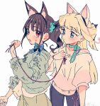  2girls animal_ear_hairband animal_ears black_hair black_hairband blonde_hair blue_bow blue_eyes blue_pants blush bow cardigan cat_ear_hairband cat_ears choker closed_mouth collarbone commentary cowboy_shot fake_animal_ears green_cardigan green_choker green_skirt hairband itomugi-kun long_hair long_sleeves multiple_girls nekoyashiki_mayu nekoyashiki_yuki open_cardigan open_clothes open_mouth pants precure red_eyes red_ribbon ribbon shirt short_sleeves side_ponytail sidelocks simple_background skirt sweatdrop white_background white_shirt wonderful_precure! 
