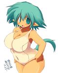  aqua_eyes aqua_hair breasts curvy large_breasts one-piece_swimsuit original pointy_ears sakaki_(noi-gren) school_swimsuit see-through short_hair solo swimsuit tail translation_request 