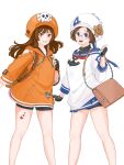  2girls anchor_ornament april_(guilty_gear) artist_name bag black_gloves black_shorts blue_eyes blue_sailor_collar brown_bag brown_hair clothing_cutout commentary fingerless_gloves glasses gloves guilty_gear guilty_gear_strive hat highres may_(guilty_gear) multiple_girls orange_eyes orange_hat sailor_collar shorts shoulder_cutout simple_background skull_and_crossbones ueki_nozomi white_background white_hat 