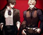  2boys alternate_costume ascot belt black_hair blonde_hair closed_mouth collared_shirt commentary_request dio_brando hand_in_pocket hand_on_own_hip jacket jojo_no_kimyou_na_bouken jonathan_joestar kiki_(re_6xxx) looking_at_another looking_at_viewer looking_to_the_side male_focus multiple_boys phantom_blood red_background shirt short_hair simple_background vest waistcoat 
