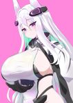  1girl absurdres aqua_pupils azur_lane bare_shoulders breasts cleavage commentary_request elbow_gloves gloves highres kawakazeman kearsarge_(azur_lane) large_breasts leotard long_hair mechanical_gloves multicolored_leotard official_alternate_costume purple_eyes sideboob taut_leotard two-tone_leotard very_long_hair white_hair white_leotard 