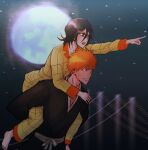  1boy 1girl barefoot black_hair bleach blurry blurry_background bridge carrying commentary full_moon hair_between_eyes highres japanese_clothes kuchiki_rukia kurosaki_ichigo medium_hair moon night orange_eyes orange_hair pajamas parted_lips piggyback pointing purple_eyes shihakusho sky skyek88 smile star_(sky) starry_sky yellow_pajamas 