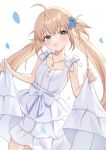  1girl absurdres adachi_(ttriwk) ahoge artoria_caster_(fate) artoria_caster_(over_the_same_sky)_(fate) artoria_pendragon_(fate) bare_shoulders blonde_hair breasts commentary dress fate/grand_order fate_(series) flower green_eyes hair_flower hair_ornament highres jewelry long_hair looking_at_viewer necklace open_mouth small_breasts smile solo twintails white_background white_dress 