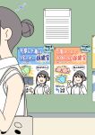  1girl bag blue_panties bow bow_bra bra commentary_request eighth_note hair_bun indoors juukyuu lab_coat musical_note open_clothes original panties pink_bra pointing pointing_at_self poster_(object) shiho_(juukyuu) shirt sleeveless sleeveless_shirt solo translation_request underwear unworn_bra unworn_panties white_shirt 