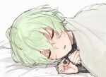  1boy ahoge alyosha_(genshin_impact) bed_sheet black_shirt blanket blush closed_eyes commentary_request genshin_impact green_hair hair_between_eyes highres long_sleeves lying male_focus missing_headwear mugicha_(pixiv_32045867) on_bed on_side open_mouth shirt short_hair simple_background sleeping solo turtleneck turtleneck_shirt upper_body white_background 