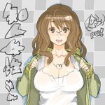  bad_id bad_pixiv_id breasts brown_eyes brown_hair cleavage copyright_request glasses heart jewelry large_breasts necklace solo teriyaki track_suit 