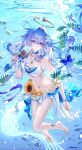  1girl ai_dongdong barefoot bikini blue_hair breasts chinese_commentary cleavage commentary_request feet fish flower flower_ornament green_eyes hair_ornament halo head_wings highres holding holding_microphone honkai:_star_rail honkai_(series) jewelry long_hair medium_breasts microphone navel necklace official_alternate_costume robin_(honkai:_star_rail) robin_(summeretto)_(honkai:_star_rail) sarong smile solo starfish_hair_ornament stomach sunflower swimsuit thighs toes underwater very_long_hair white_bikini white_sarong white_wings wings 