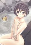  artist_request black_hair butt_crack covering from_above highres idolmaster idolmaster_(classic) kikuchi_makoto nude_cover onsen rubber_duck short_hair solo towel 