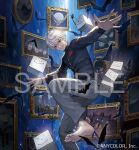  1boy animal_print barefoot bat_(animal) bat_print black_jacket blue_background cerberus commentary_request company_name copyright_notice creature cube ear_piercing falling fingernails foot_out_of_frame grey_pants grin hair_between_eyes hebel_ishida jacket knee_up kuzuha_(1st_costume)_(nijisanji) kuzuha_(nijisanji) long_fingernails long_sleeves looking_at_viewer looking_to_the_side male_focus mole mole_under_eye nijisanji official_art open_hands outstretched_arms painting_(object) pants picture_frame piercing pointy_ears red_eyes sample_watermark sharp_fingernails short_hair smile solo sweatpants takayama_toshiaki too_many track_jacket vampire virtual_youtuber watermark white_hair 