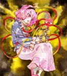  1girl black_hairband blue_shirt blush buttons collared_shirt commentary_request disembodied_linked_eye eyeball floral_print fossilized_wonders frilled_shirt_collar frilled_sleeves frills hair_ornament hairband heart heart_button heart_hair_ornament highres incident_stone kabaji komeiji_satori long_sleeves open_mouth pink_eyes pink_hair pink_skirt pink_slippers print_skirt rose_print shirt skirt slippers socks solo sparkle touhou traditional_media white_socks wide_sleeves 